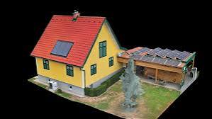 Texturiertes 3D-Modell eines Wohnhauses mit Nebengebäude