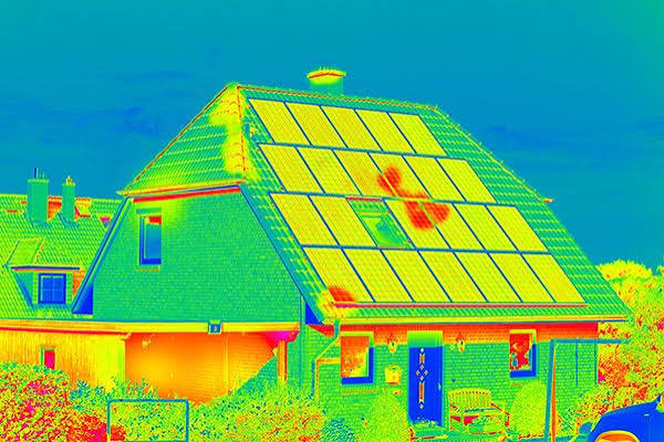 Falschfarbiges Wärmebild eines Wohnhauses mit Photovoltaikanlage
